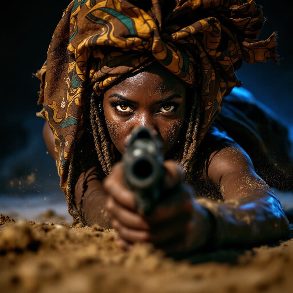 AI generated: Eye-level from the ground. From the perspective of someone lying on the dusty ground, an african wom...