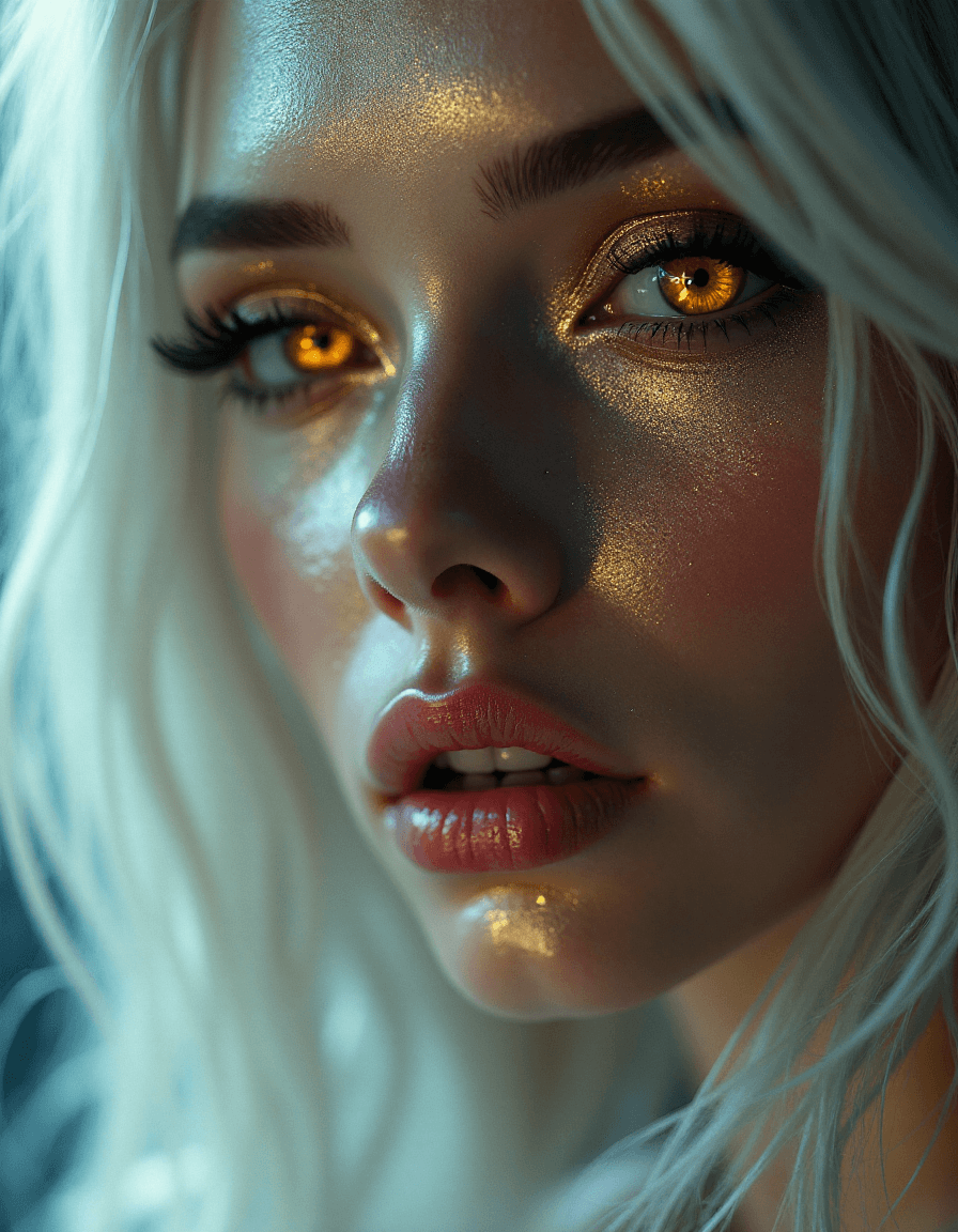 AI generated: a woman with reflective mirrored skin like polished metal, golden glowing eyes, white hair, Raw phot...