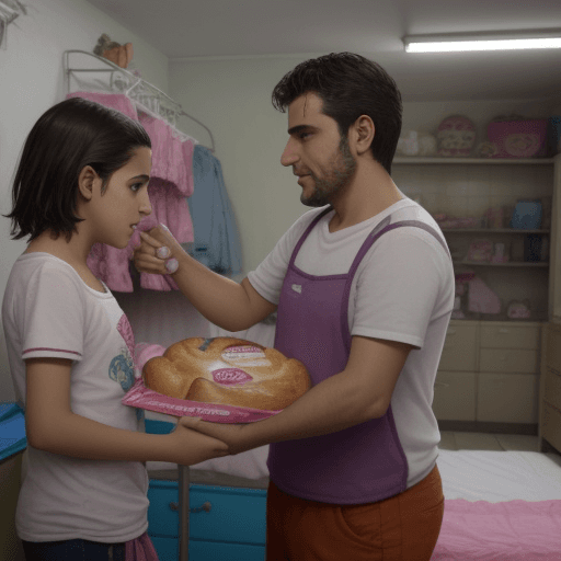 AI generated: lucas le compra un pan a marcela en la noche en el dormitorio