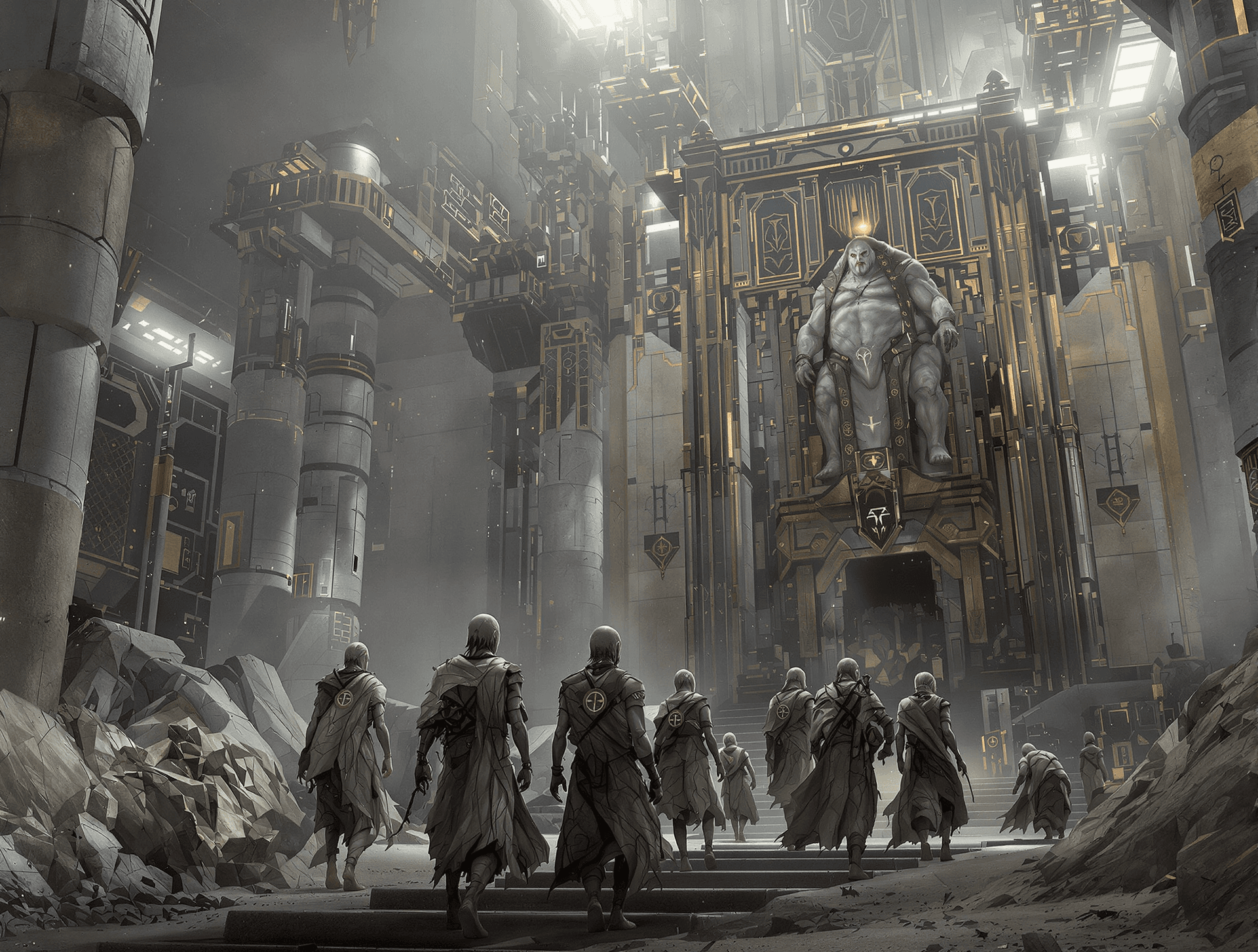 AI generated: /Artprompt Sci-fi, create a dystopian futuristic scene depicting (a group of strange mystical beings...