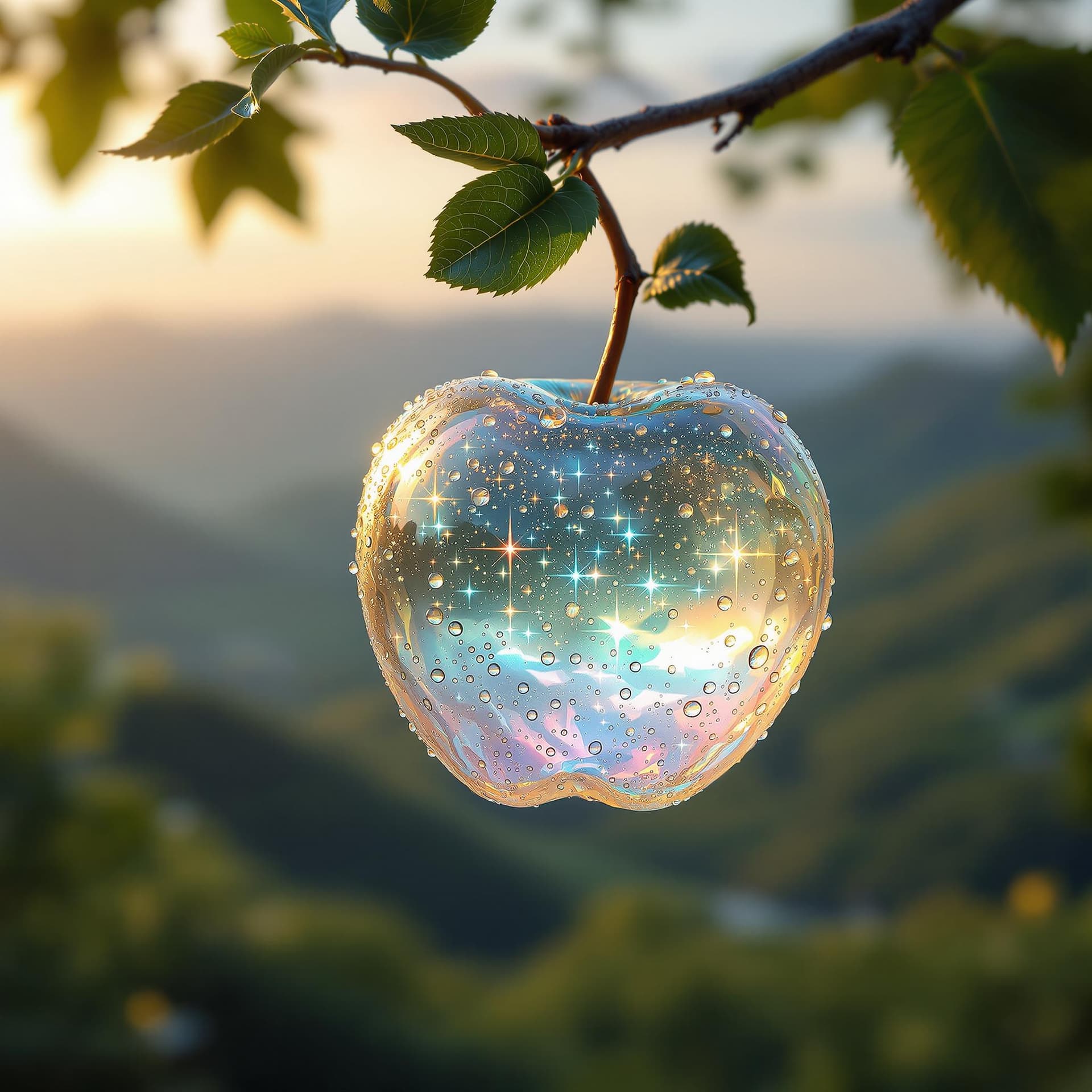 AI generated: a delicate apple made of opal hung on branch in the early morning light, adorned with glistening dew...