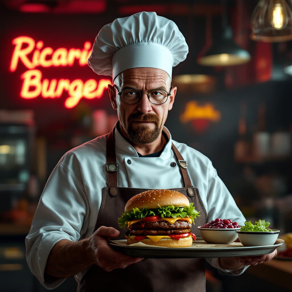 AI generated: (Photorealistic) Walter White from Breaking Bad, with the text "Ricardinho Burger" in the same style...