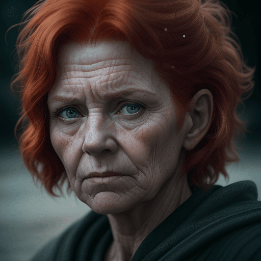 AI generated: photograph close up portrait 50-year-old tough granny, red hair, serious, stoic cinematic 4k epic de...