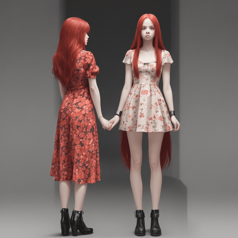 AI generated: Woman with long, straight, red hair and a she is wearing a short floral dress and wearing metal poli...