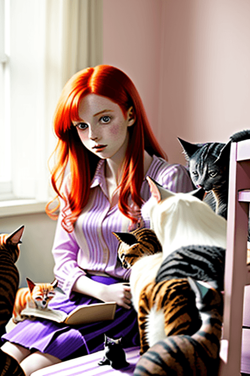 AI generated: A red-haired girl in a light purple blouse and striped skirt sits in a room full of cats, full of co...