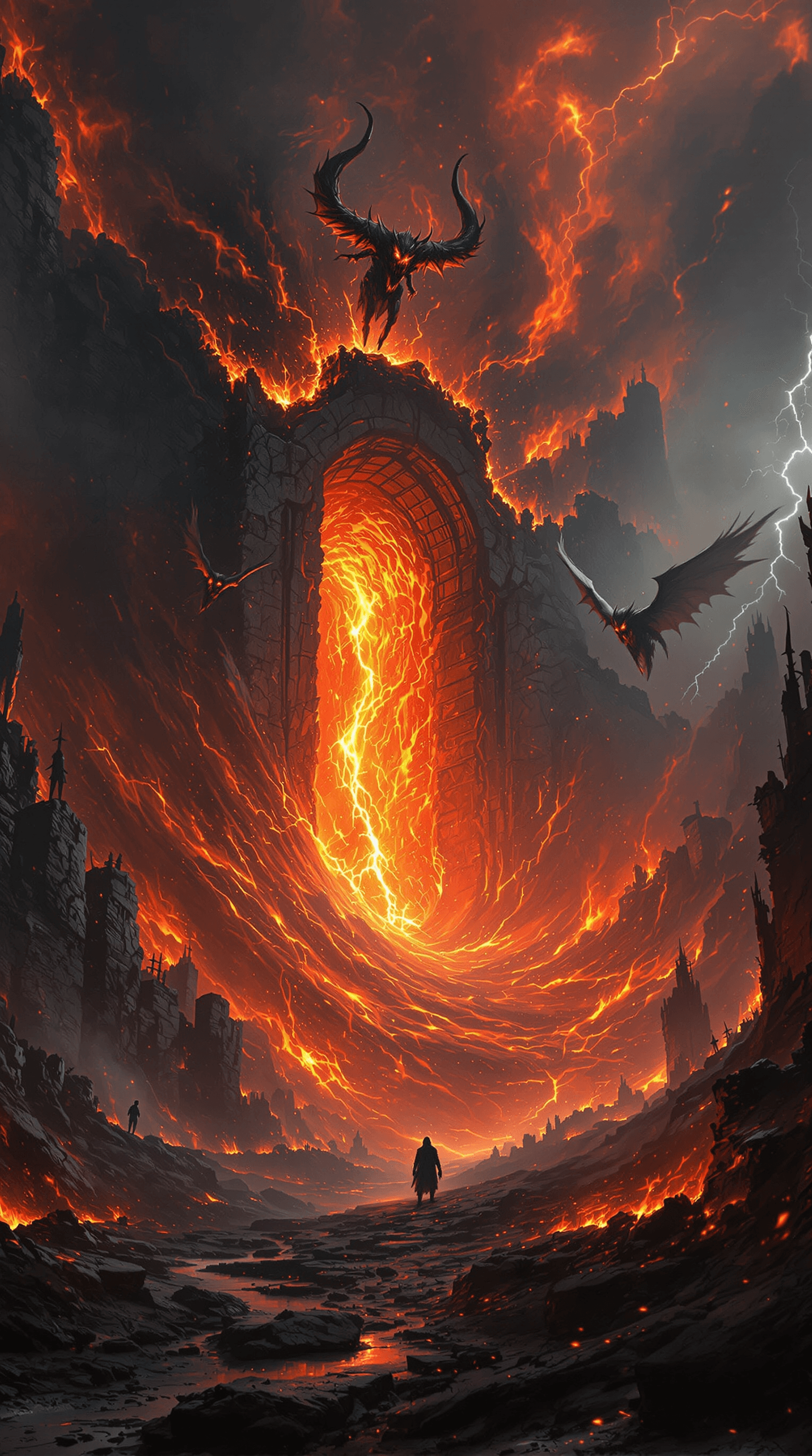 AI generated: A **monumental and terrifying scene** depicting the **Gates of Hell bursting open**, unleashing **un...