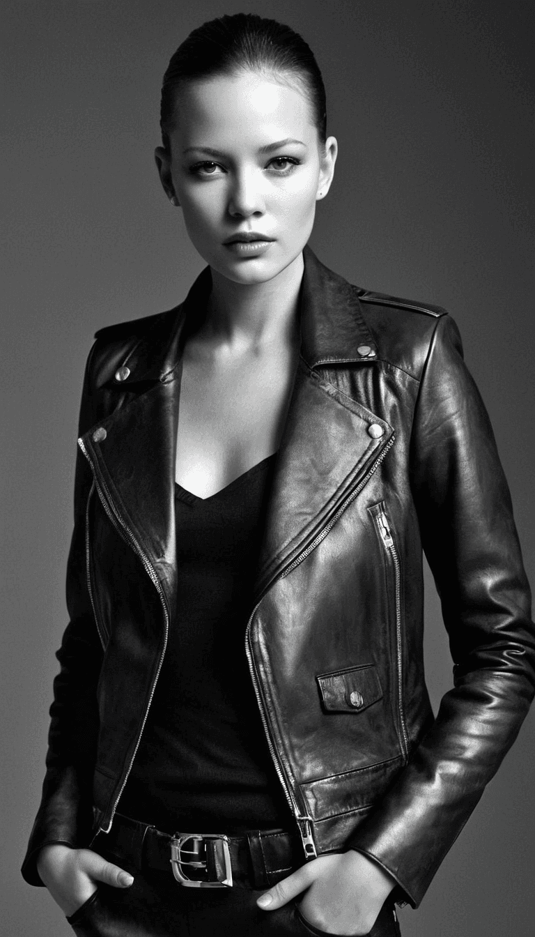 AI generated: black and white photography, fashion editorial, a darkhaired beautiful woman is leather jacket in st...
