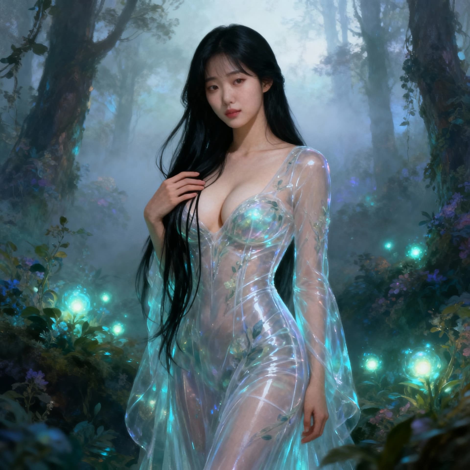 AI generated: Ethereal fantasy. Medium shot. stands in a misty forest, surrounded by bioluminescent flora. Her fac...