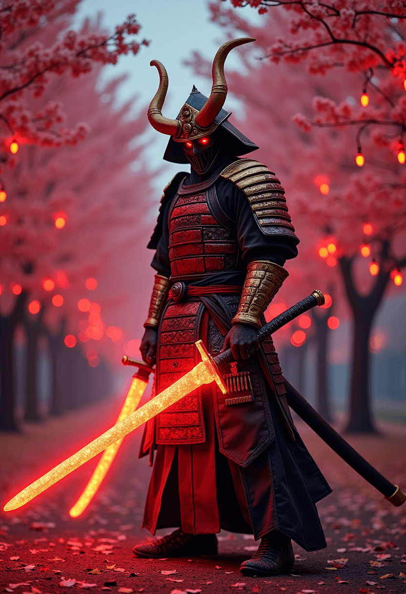 AI generated: A dark demon warrior wearing a gold and red japanese samurai armor holding a giant red glowing Katan...