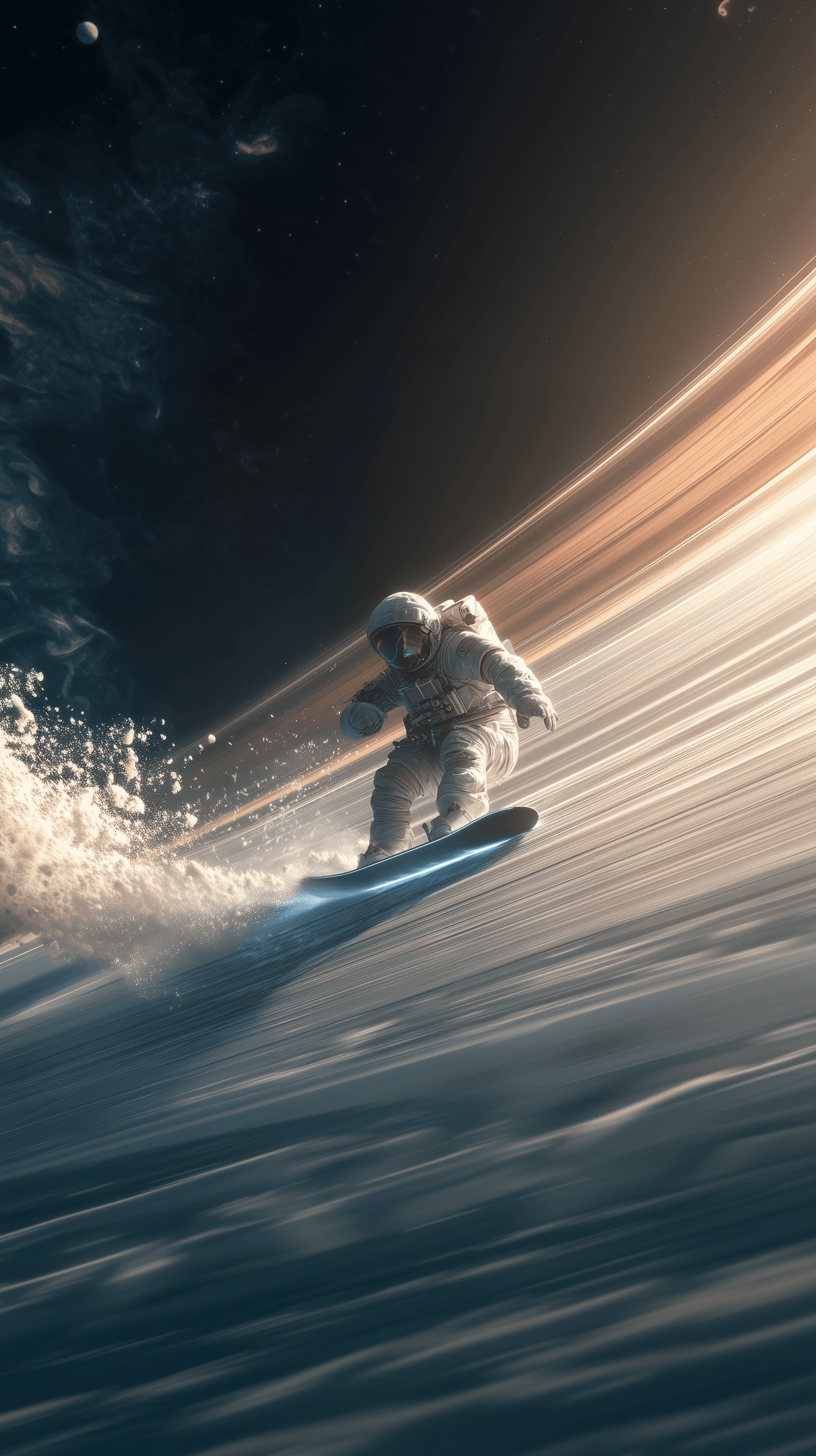AI generated: hyper-realistic cinematic sci-fi aesthetic, IMAX-grade, extreme dynamic angle shot, astronaut riding...
