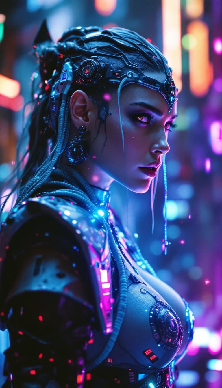 AI generated: female cyberpunk druid, undefined, grain, bloom, glitch, on, on, on, shot on Kodak Portra 400 scanne...