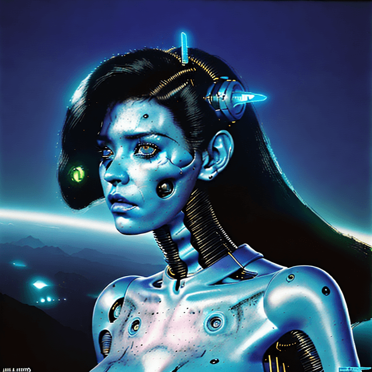 AI generated: a perfect Beautiful Amazing!! android female post apocalyptic retrowave synthwave cyborg, space age,...