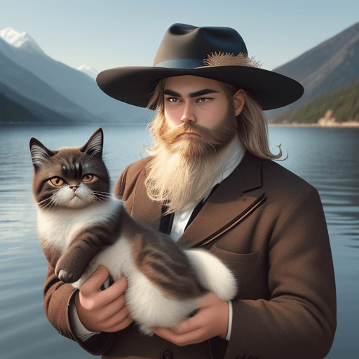 AI generated: /imagine prompt: Picture young man with cat, dark blonde hair, medium length, dark short beard, brow...