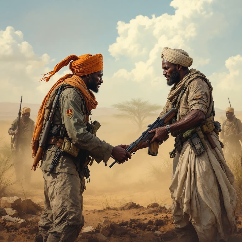 AI generated: Create a realistic human like image for me of two different armed groups in an Africa settings dropp...