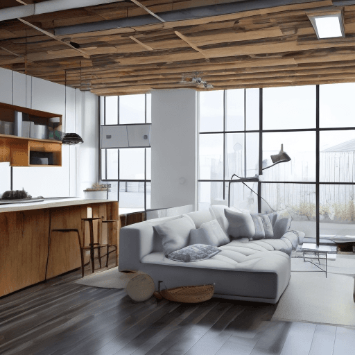 AI generated: interior design, open plan, kitchen and living room, modular furniture with cotton textiles, wooden ...