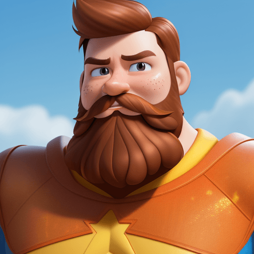 AI generated: cartoon 3D sunny bright Pixar-style image : 35 years old: light brown beard : freckles : super hero ...