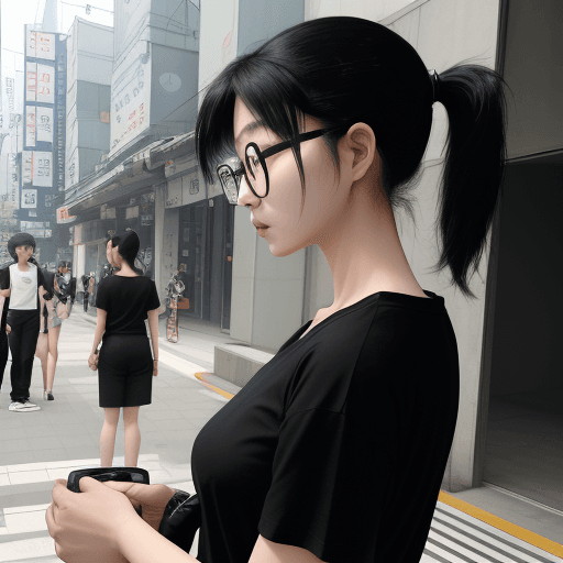AI generated: photography, side view, upper-body, portray an innocent professional korean woman model standing aga...