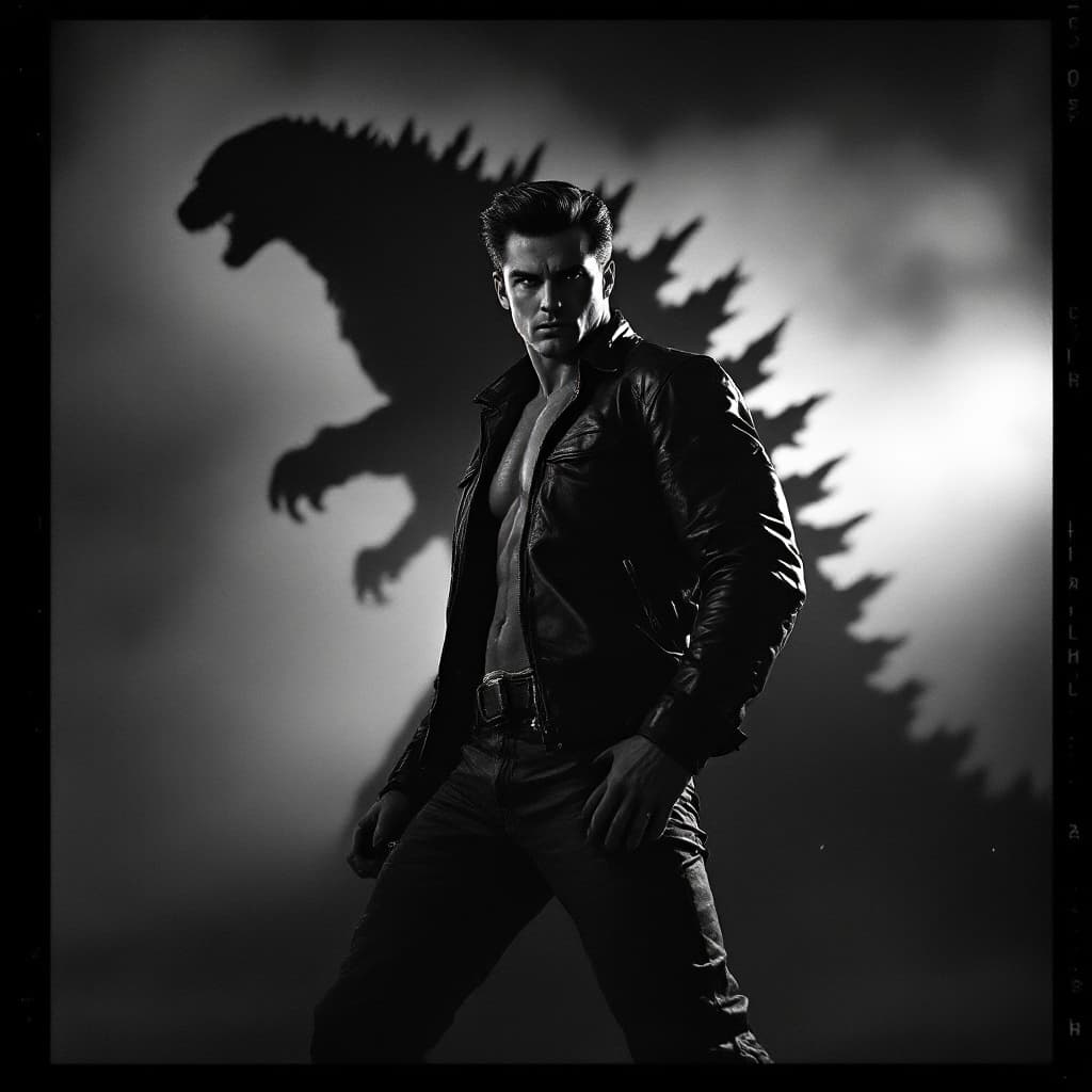 AI generated: "Depict a dramatic black-and-white 1950s action movie scene, photographed in the style of vintage fi...