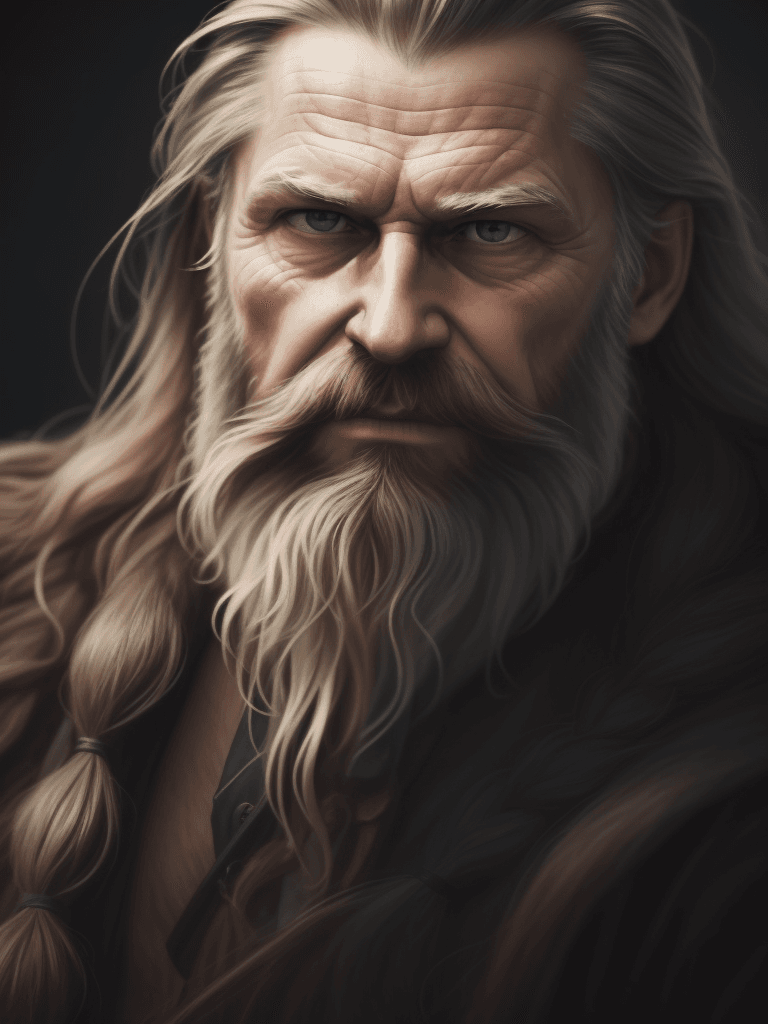 AI generated: A close up picture of a s very old man with long hair and a beard, by Johannes Sveinsson Kjarval, dy...
