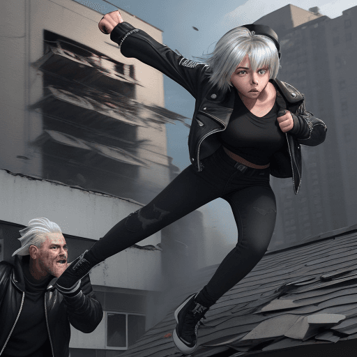 AI generated: 15-year-old girl with silver hair reaching her shoulders, wearing a black jacket, trying to punch a ...