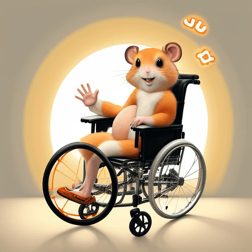AI generated: ginger hamster in a wheel chair, its leg is raised and in a cast. it is smiling and waving.
warm lig...