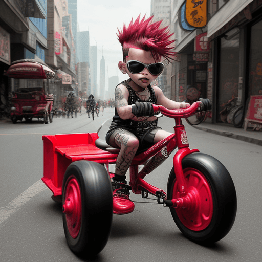 AI generated: a cute tough toddler riding a red cyberpunk tricycle::1.2, toddler has an aggressive attitude with a...