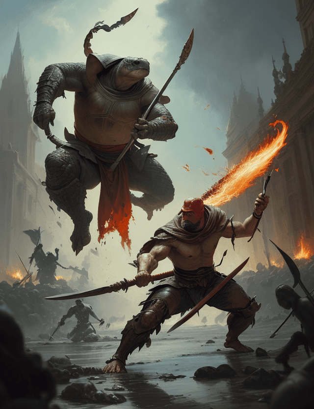 AI generated: A turtle with halberd fights against a human fire wizard with a staff by Greg Rutkowski, oil paintin...