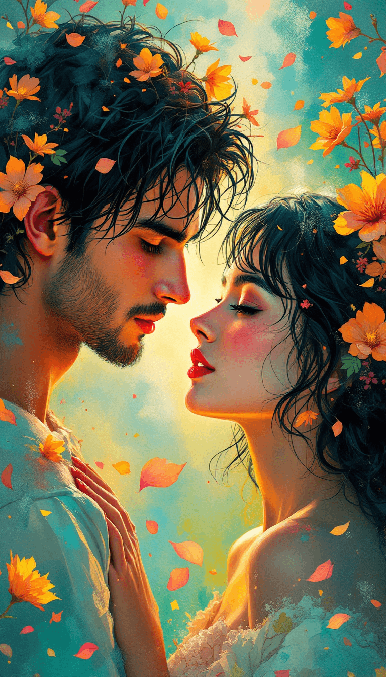 AI generated: A mesmerizing, painterly-style romantic portrait of a young couple standing face-to-face, their eyes...