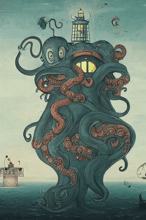 AI generated: A giant octopus with big eyes  holds a lighthouse in its tentacles painted by victo ngai, Alexander ...