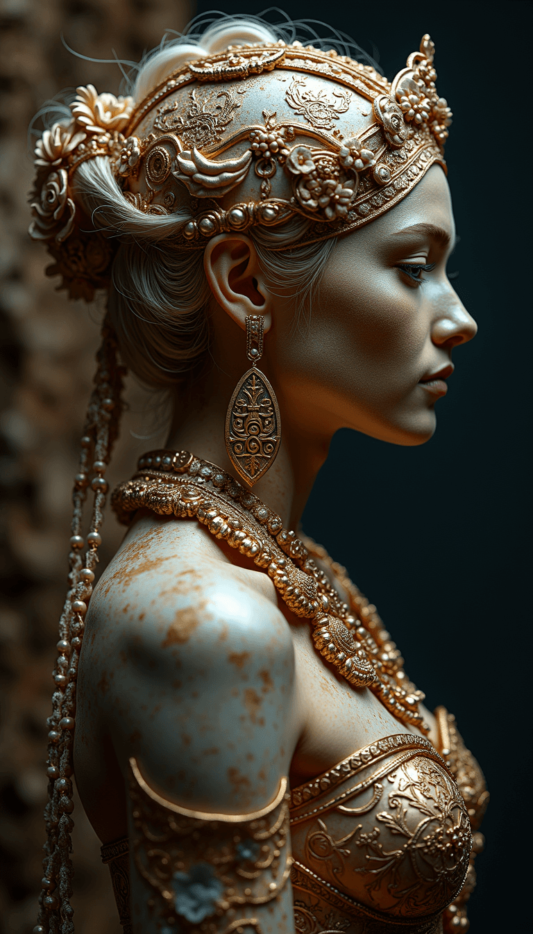 AI generated: A profile portrait of a woman wearing ornate golden armor and jewelry, including an elaborate headpi...