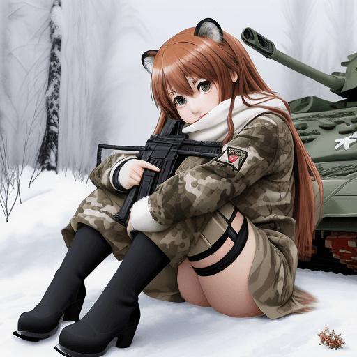 AI generated: taiga aisaka, anime, sit on snowy camouflage  tank and hug AK-47, winter red school uniform, long ha...