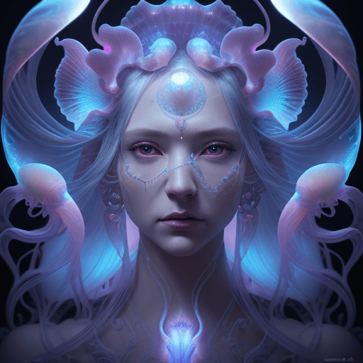 AI generated: Goddess close-up portrait ribcagel. jellyfish phoenix head, nautilus, orchid, skull, betta fish, bio...