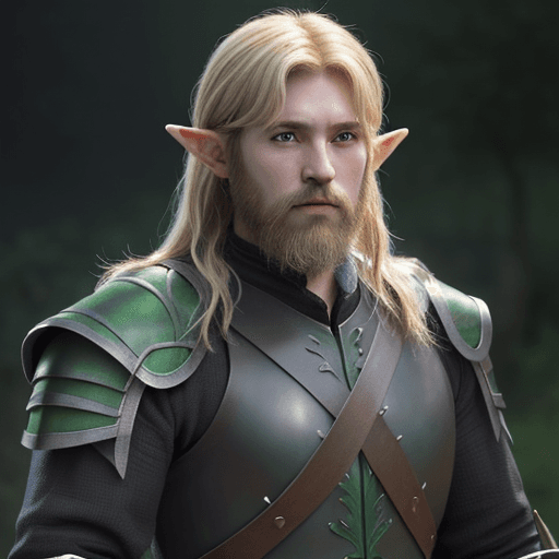 AI generated: Half-Elf male from D&D, shaggy blonde hair, bearded, ranger, black and green leather armor, uplight,...