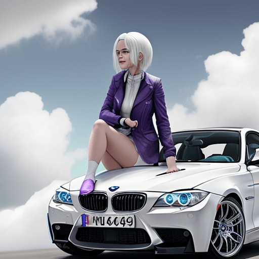AI generated: 
girl with white hair sit into the BMW. white clouds, purple air
