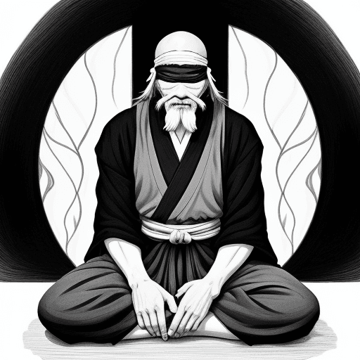 AI generated: no color, perfect anime illustration, portrait of a old ninja master , sitting, {{{{{{black and whit...