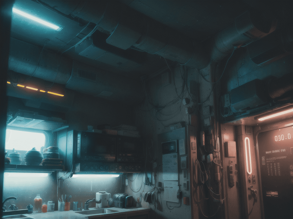 AI generated: looking out through the window of a spaceship, flying through a futuristic neon-lit dystopian cyberp...