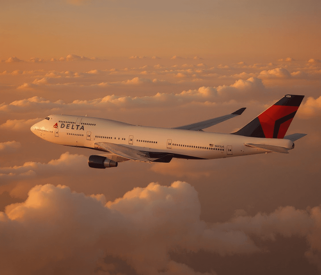 AI generated: 4K, UHD, ultra high detailed image. The plane is flying through puffy orange clouds at sunset.