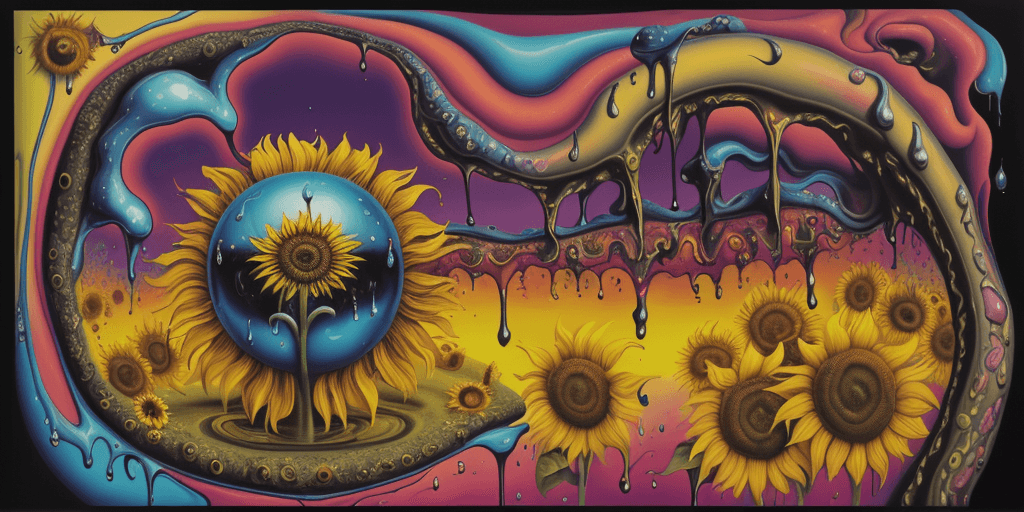 AI generated: a psychedelic surrealist painting of a sunflower, surreal, dripping, melting, Salvador Dali, Pablo P...