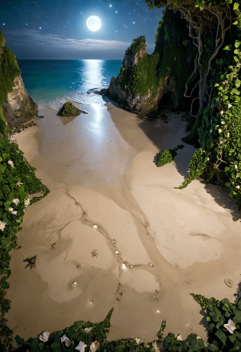AI generated: Fairy tale <lora:xl_more_art-full_v1:1>,<lora:DreamARTSDXL:1>,A moonlit beach where the sand is a mi...