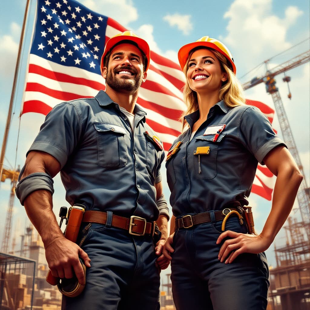 AI generated: Bright, optimistic painting in patriotic realism, depicting strong, smiling workers — a man and a wo...