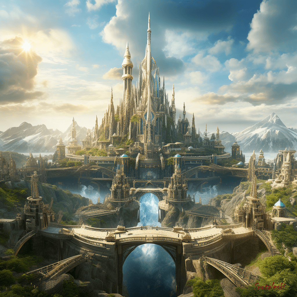 AI generated: In the ancient legends, glimpse into the grandeur of Asgard, a celestial realm of high towers soarin...