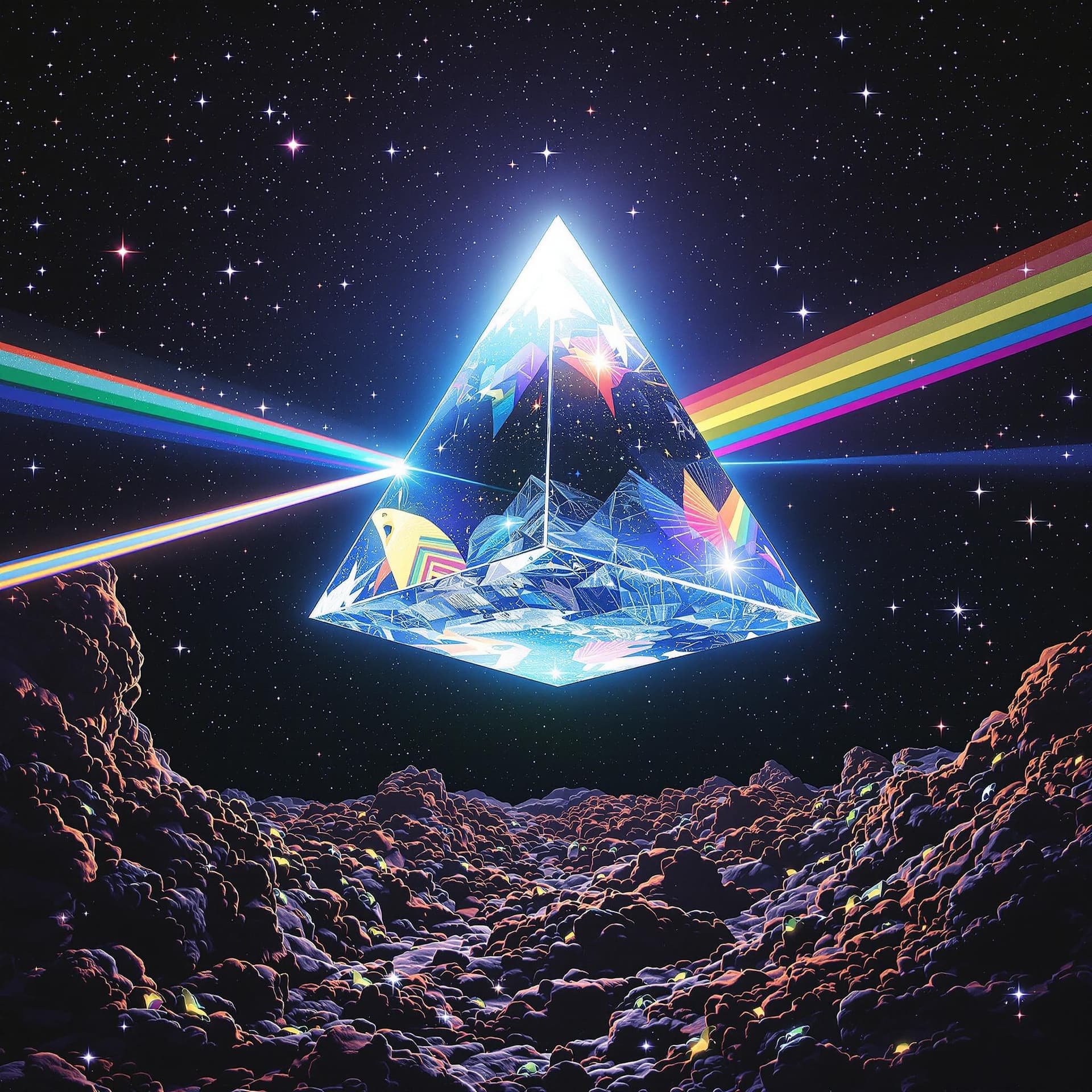 AI generated:  Trippy, psychedelic, and surreal, A giant, clear three-sided prism floating in outer space with whi...