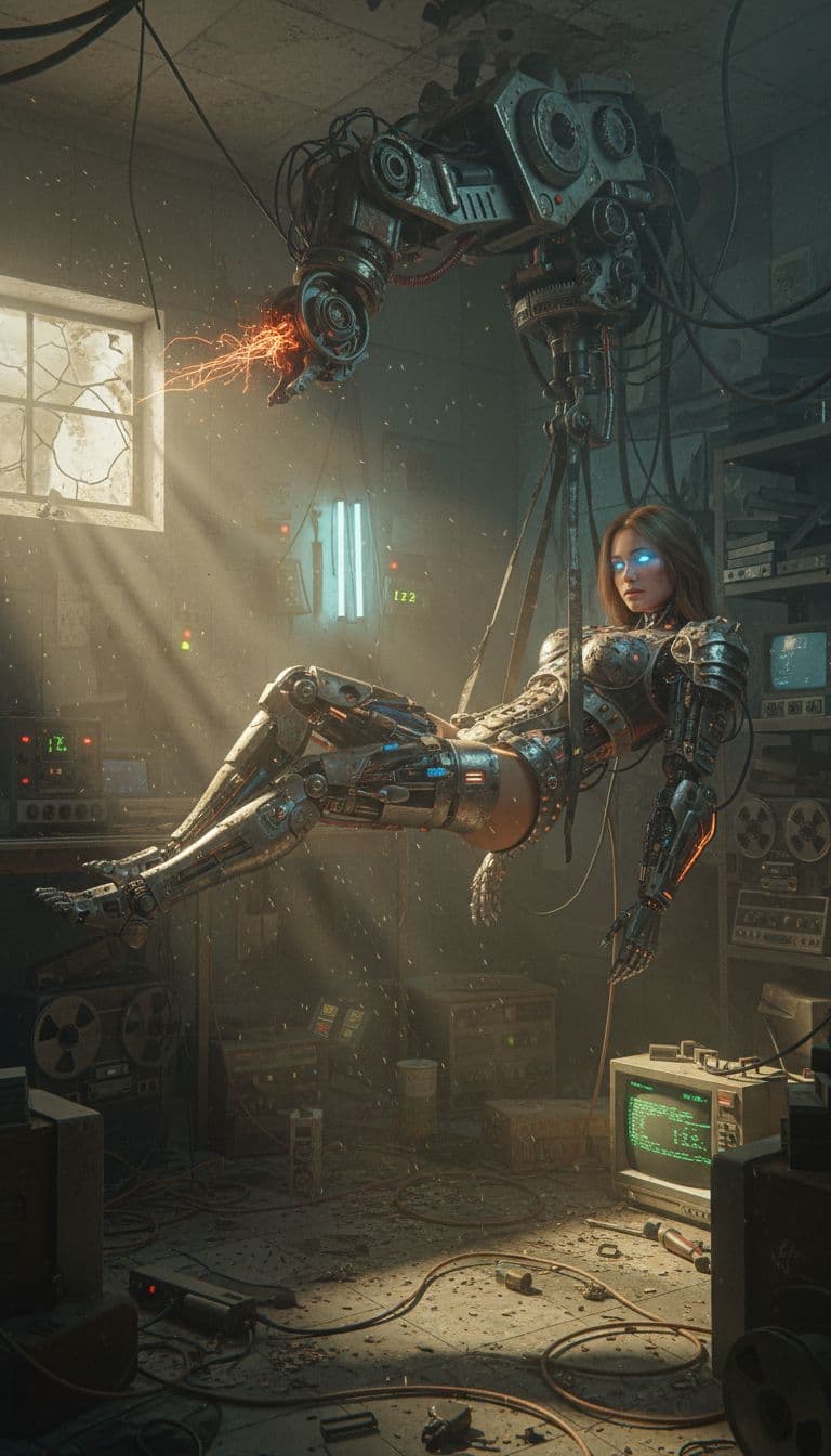 AI generated: Architectural style Full-body photograph of a (beautiful:1.2) (female:1.2) cyborg,suspended in a wor...