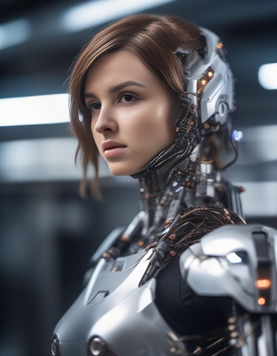 AI generated: fking_scifi_v2, portrait of a guard robotic girl android, silver skin, robotic, mechanical, reflecti...