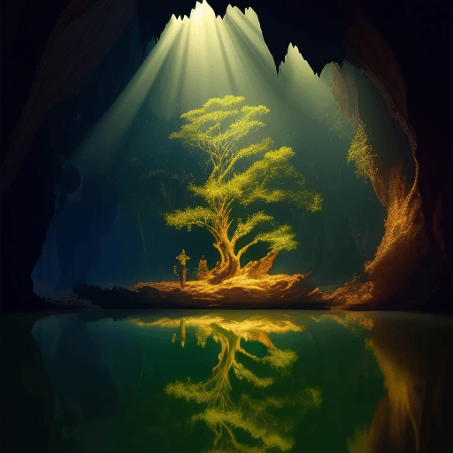 AI generated:  beautiful fairy tale tree in a cave, stunning lighting, phraya nakhon cave, stunning, magic, reflec...