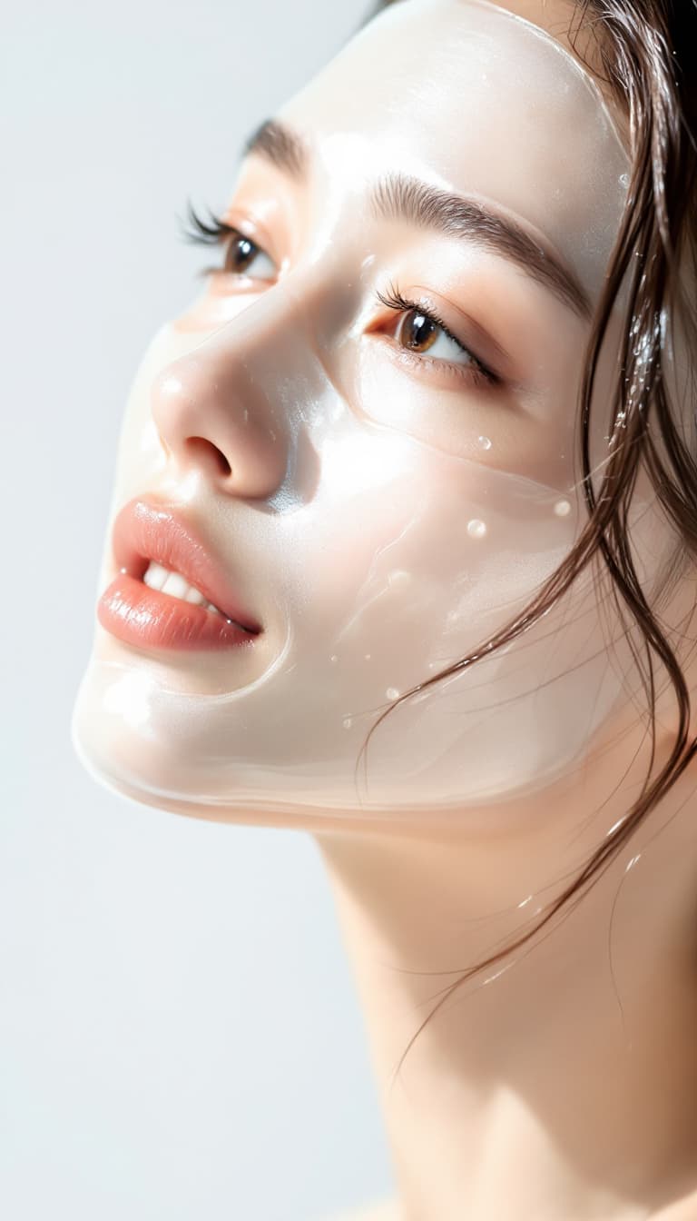 AI generated: Photorealistic, close-up left side portrait of a radiant Korean female model with healthy, dewy skin...