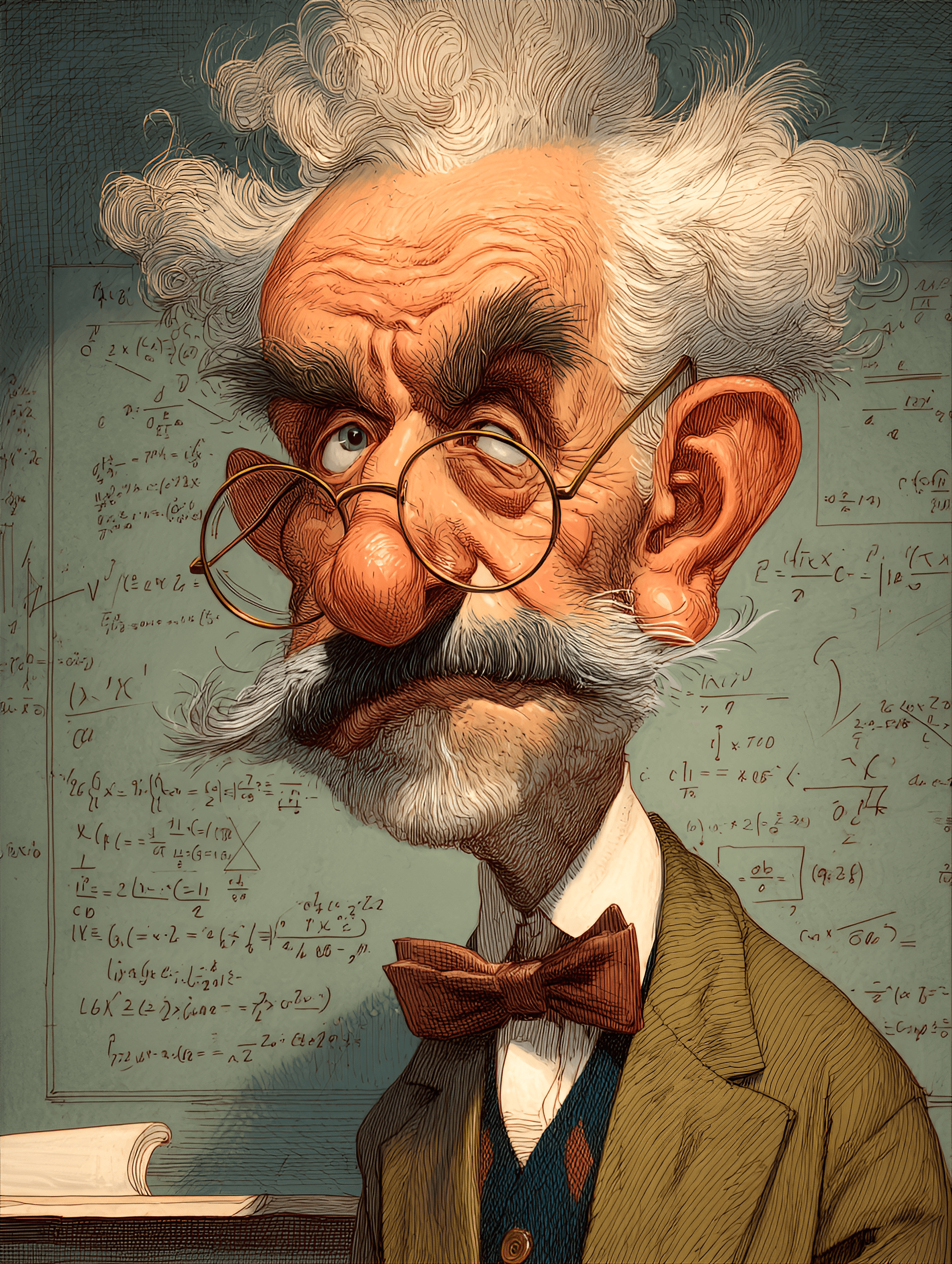 AI generated: funny caricature, absent-minded professor caricature, elderly european male, 60 years old, oversized...