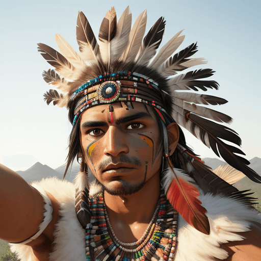 AI generated: Hyperrealistic cinematic image of a native Indian with feathers on his head, Arte nativa brasileira,...