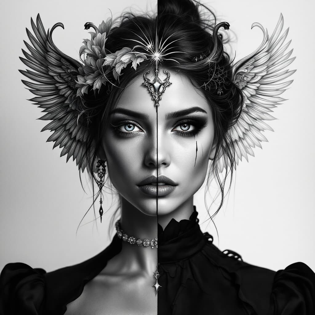 AI generated: A portrait of a woman , split into two contrasting halves. One side is colorful with intricate angel...