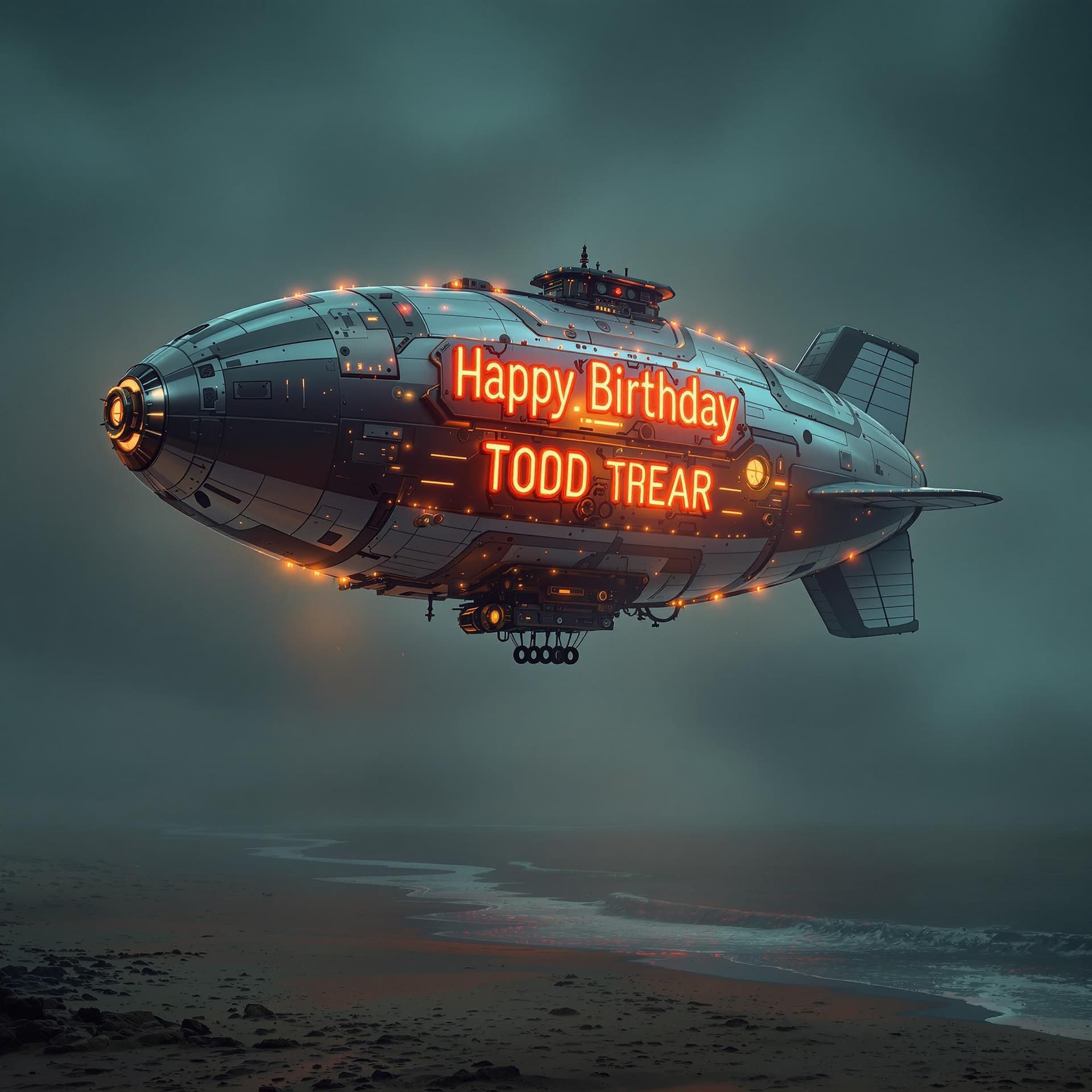 AI generated: A futuristic blimp flying over the beach with an led aign sign that says, Happy Birthday Todd in ste...